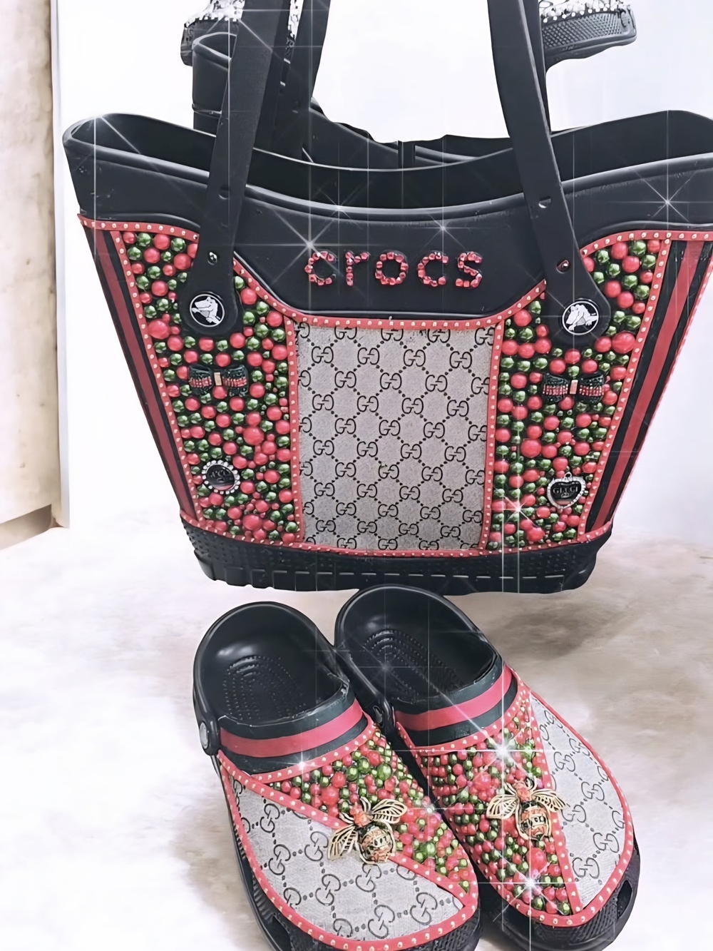 CROCS Black, Red & Green Studded Tote